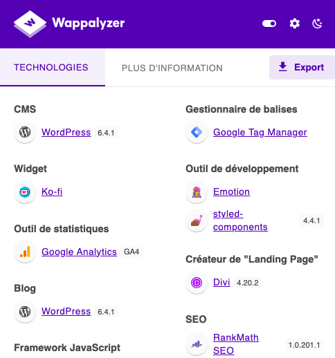 capture d'écran de l'extension wappalyzer